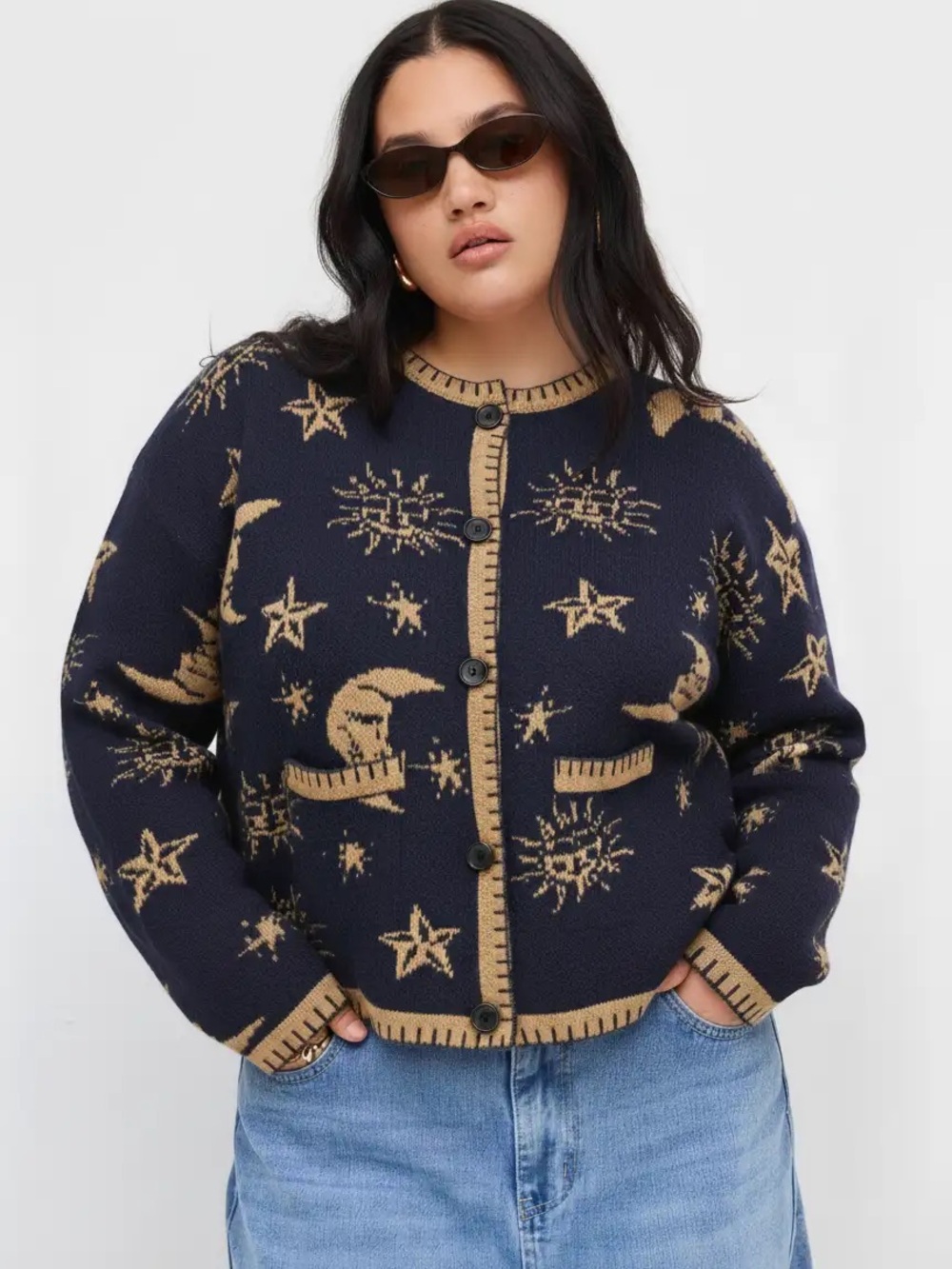 Cider 4X Celestial Moon Stars Cardigan Sweater Navy Tan Cottagecore Whimsigoth